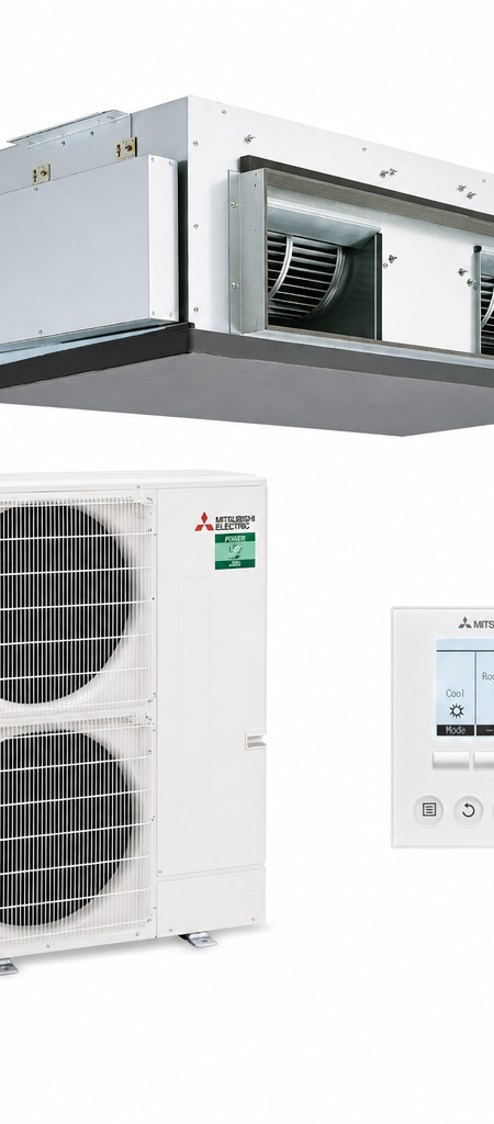 Mitsubishi Electric 12.5 kW three-phase ducted air conditioner indoor and outdoor units