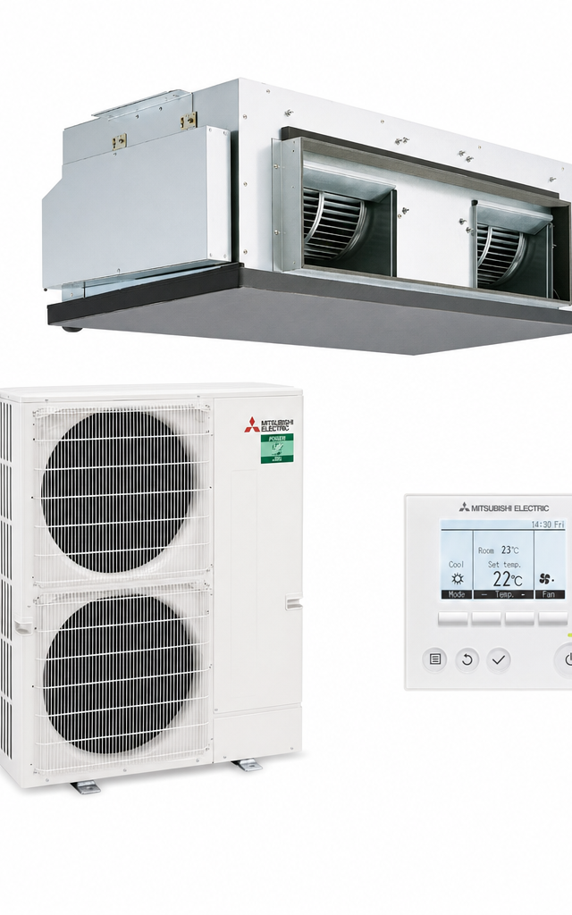 Mitsubishi Electric 12.5 kW three-phase ducted air conditioner indoor and outdoor units