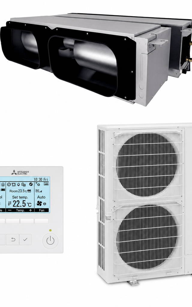 Mitsubishi Electric 14 kW three-phase ducted air conditioner indoor and outdoor units