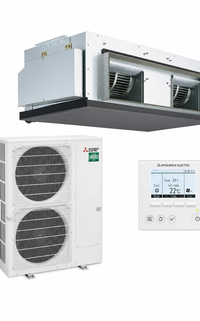 Mitsubishi Electric 14 kW three-phase ducted air conditioner indoor and outdoor units