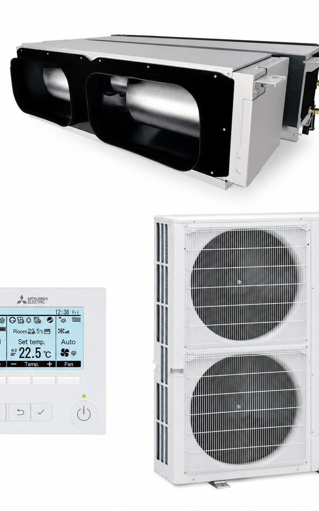 Mitsubishi Electric 16 kW three-phase ducted air conditioner indoor and outdoor units