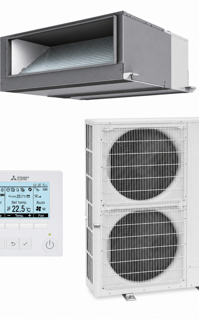 Mitsubishi Electric 20 kW three-phase ducted air conditioner indoor and outdoor units