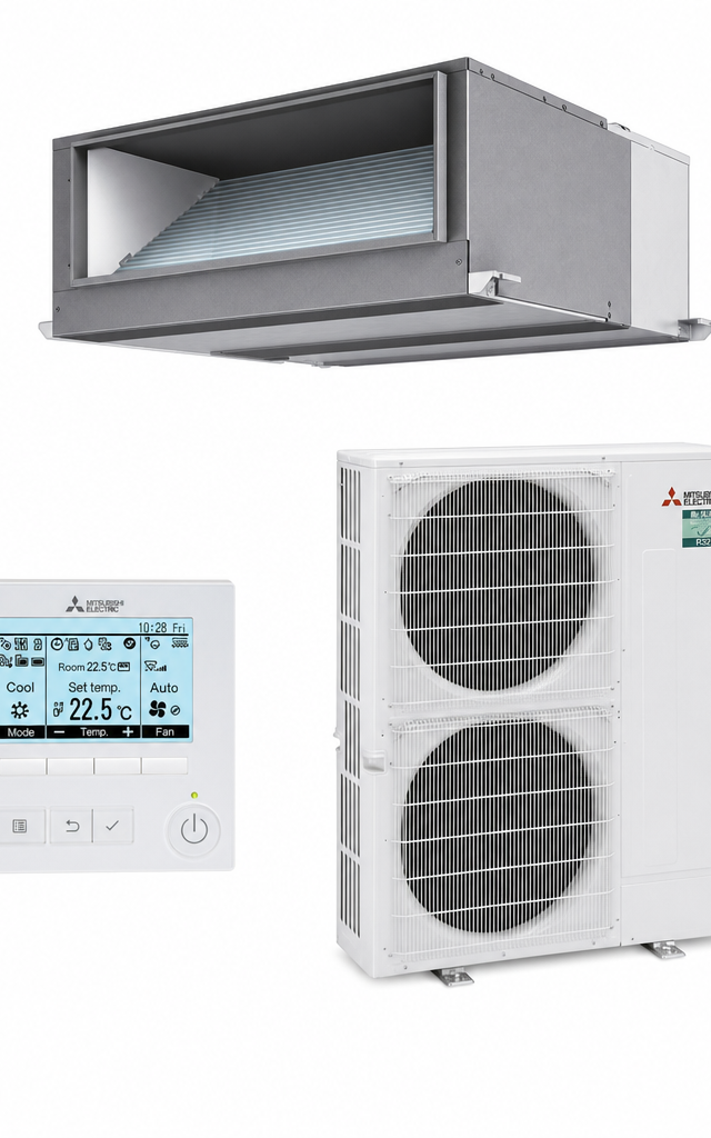 Mitsubishi Electric 25 kW three-phase ducted air conditioner indoor and outdoor units
