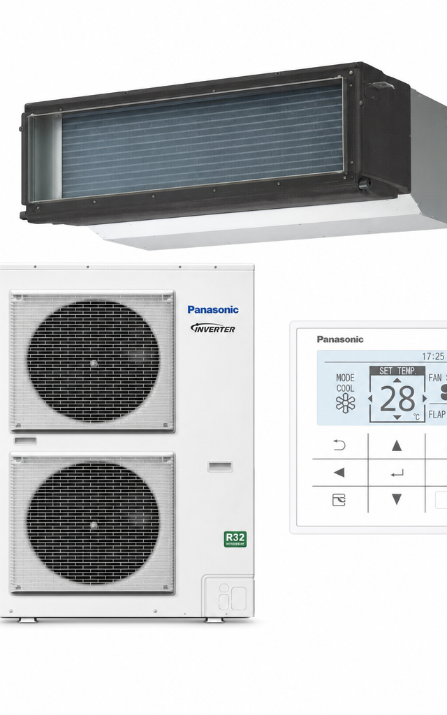 Panasonic 10 kW three-phase ducted air conditioner indoor and outdoor units
