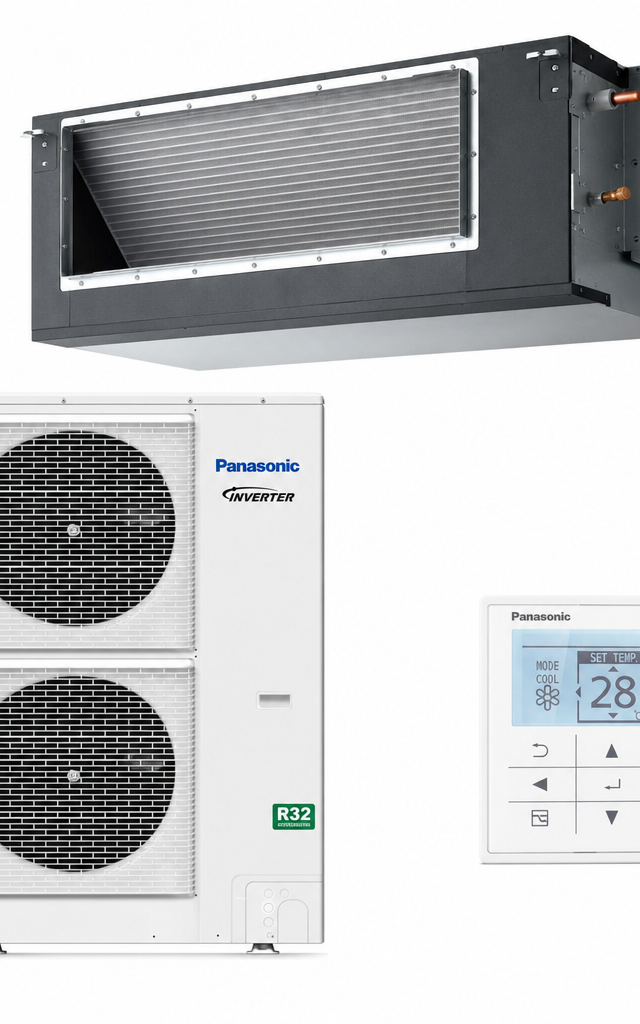 Panasonic 10 kW three-phase ducted air conditioner indoor and outdoor units